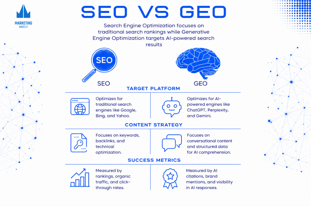 SEO vs GEO difference in search and AI optimization.