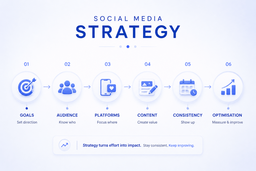 Social media marketing strategy step by step from goals to optimization.