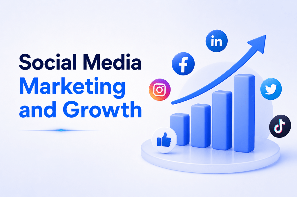 Social media growth across platforms shown through a rising performance graph.