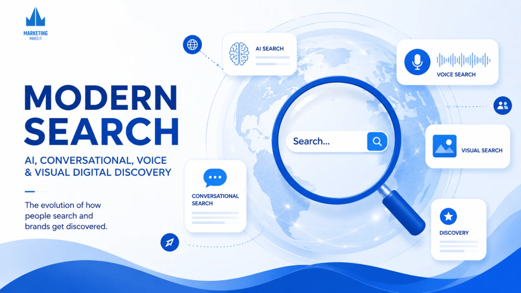 The evolution of search from keyword search to voice search, visual search, conversational search, and AI - driven search.